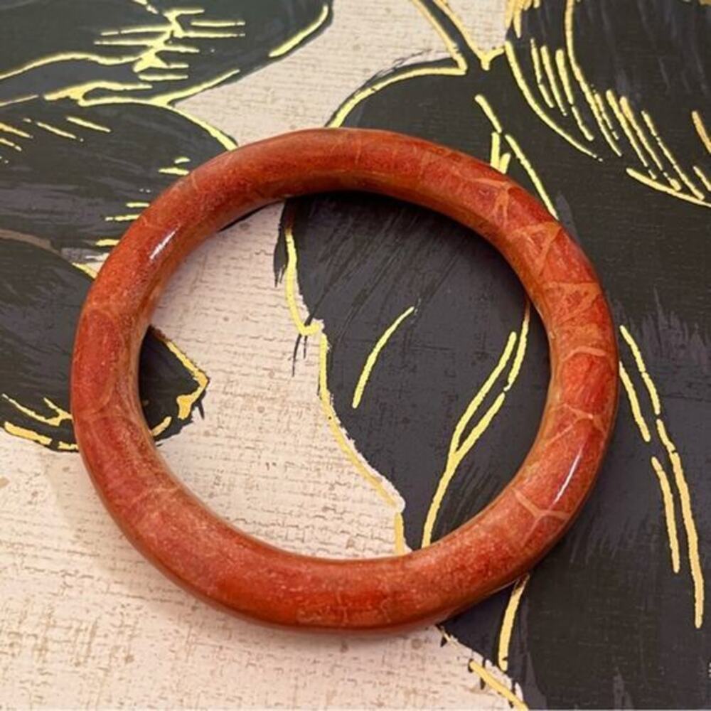 Vintage Genuine Apple Coral Polished Gemstone Bangle Bracelet Beautiful B1